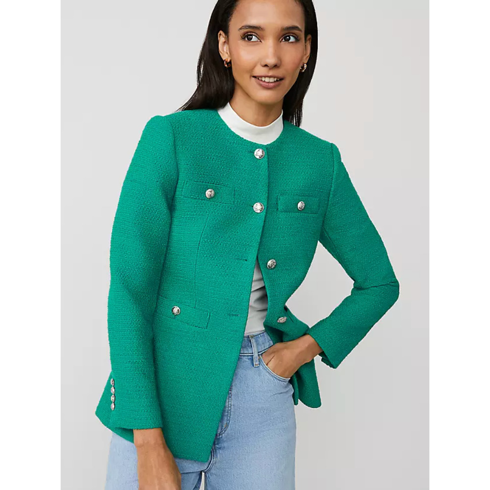 NEW ANN TAYLOR SHADY GLADE GREEN TWEED SPLIT HEM BLAZER JACKET SZ 6